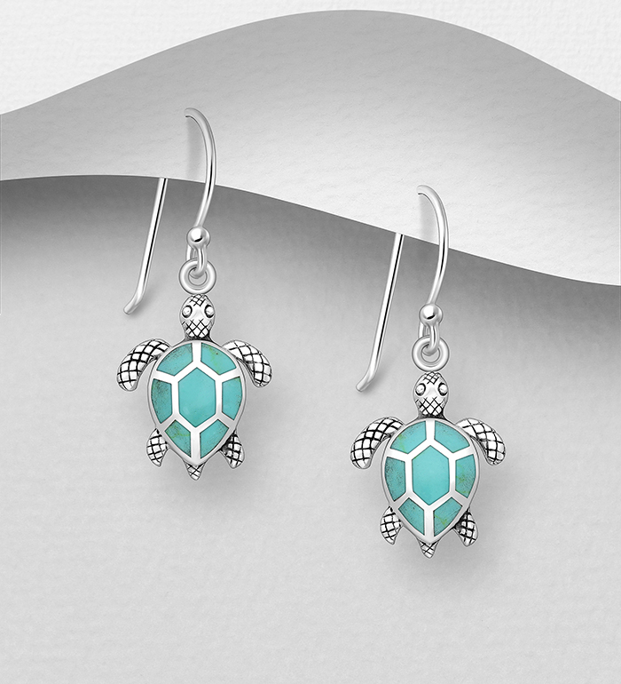 Wholesale 925 Sterling Silver Oxidized Turtle Hook Earrings, Decorated with Resin - SKU #2140-734