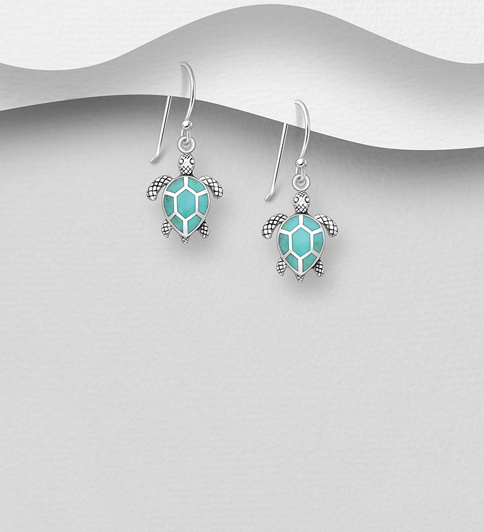 Wholesale 925 Sterling Silver Oxidized Turtle Hook Earrings, Decorated with Resin - SKU #2140-734