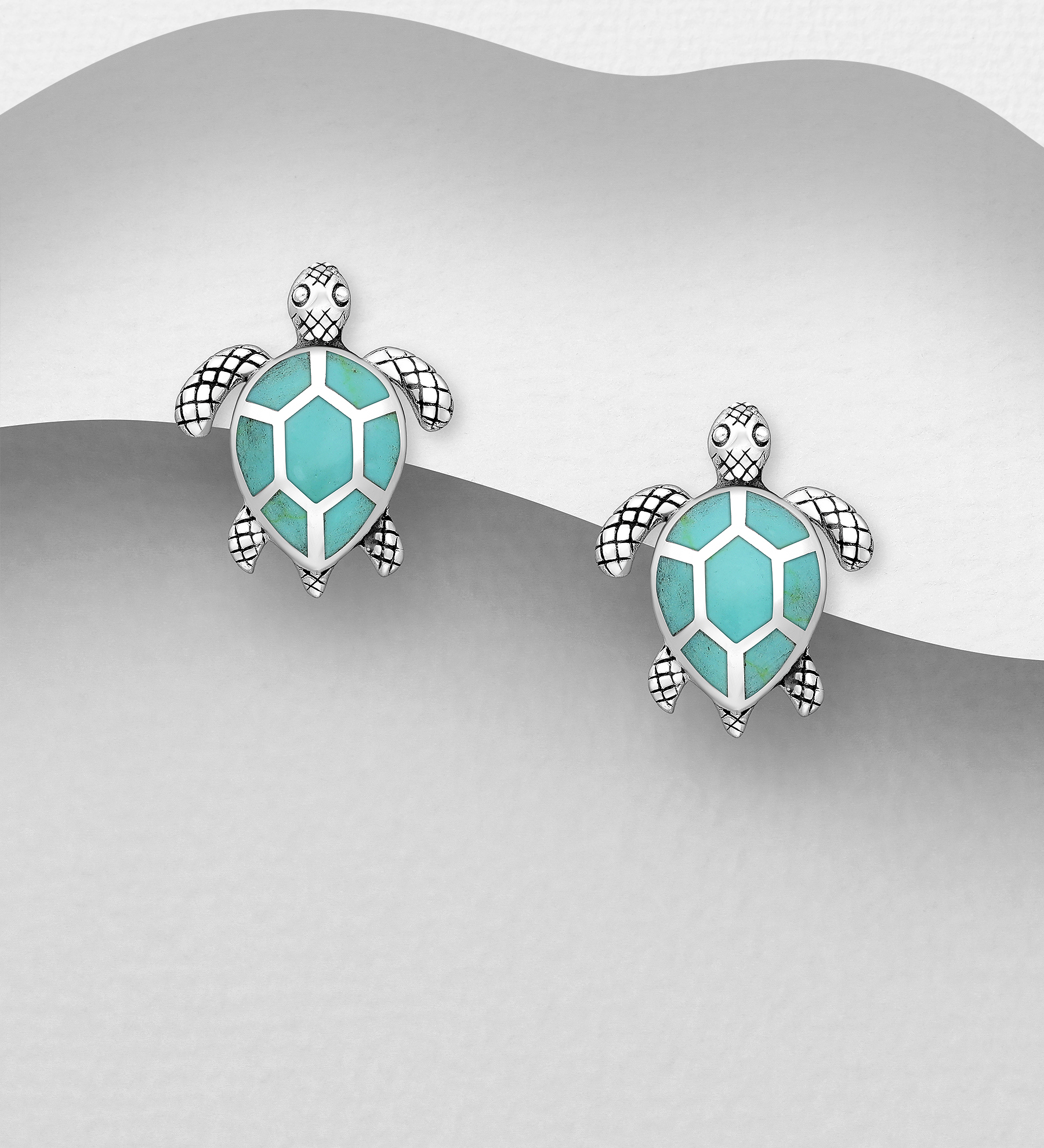 Wholesale 925 Sterling Silver Oxidized Turtle Push-Back Earrings, Decorated with Resin - SKU #2140-735