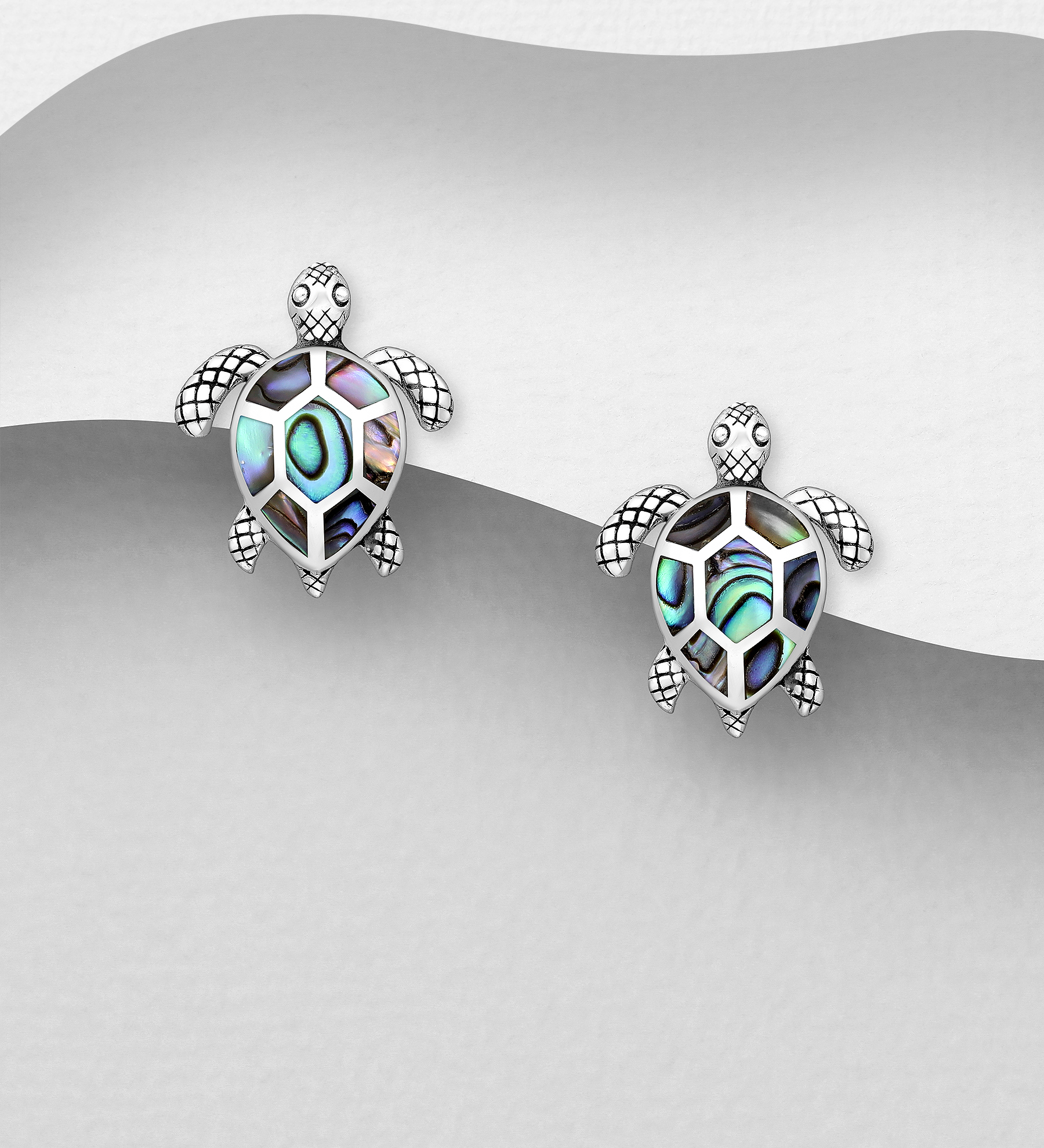 Wholesale 925 Sterling Silver Oxidized Turtle Push-Back Earrings, Decorated with Shell - SKU #789-4923