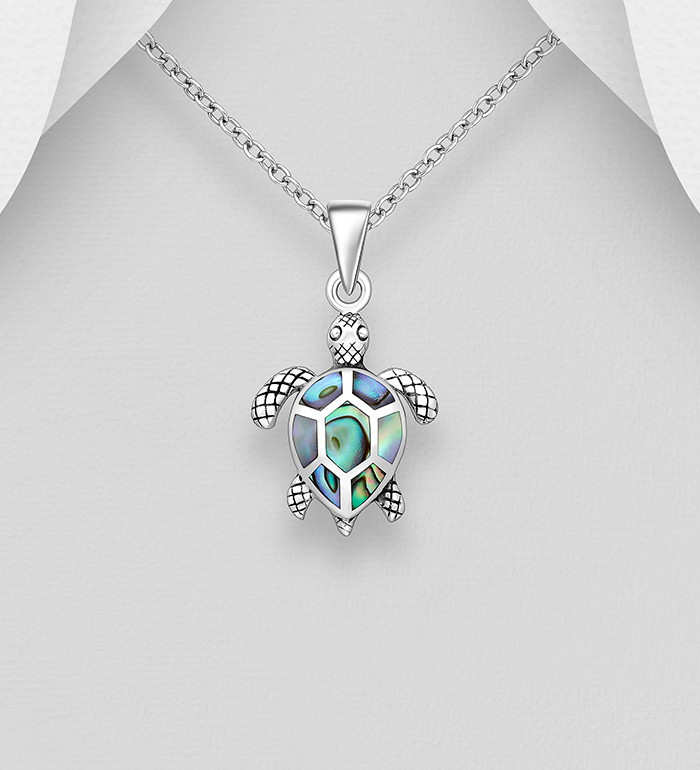 Wholesale 925 Sterling Silver Oxidized Turtle Pendant, Decorated with Shell - SKU #789-4924