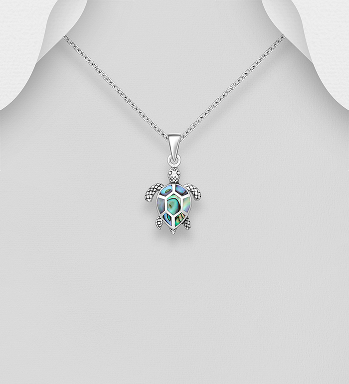 Wholesale 925 Sterling Silver Oxidized Turtle Pendant, Decorated with Shell - SKU #789-4924