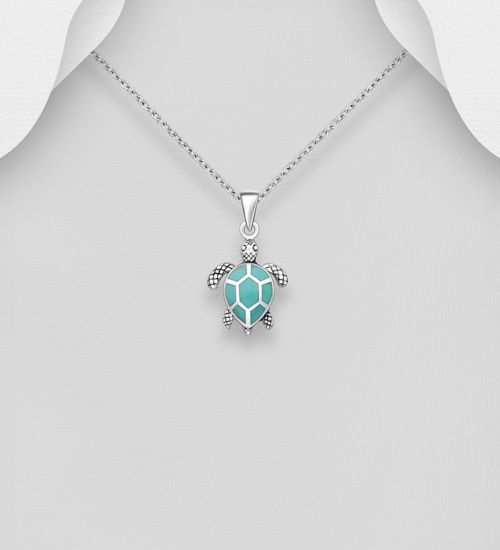 Wholesale 925 Sterling Silver Oxidized Turtle Pendant, Decorated with Resin - SKU #2140-736
