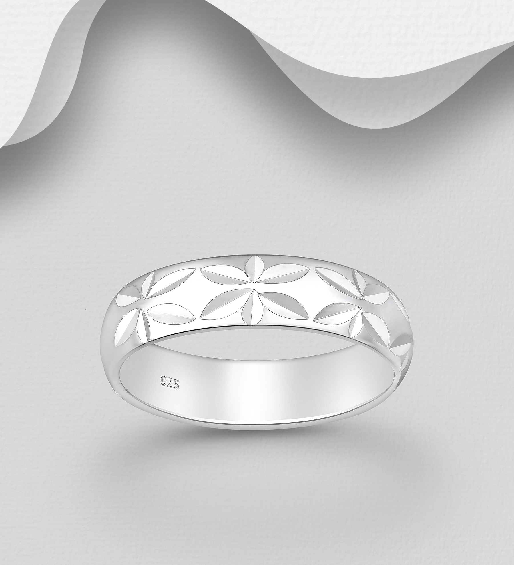 Wholesale 925 Sterling Silver Band Ring With Diamond-cut Texture, 5 mm. Wide - SKU #706-39839