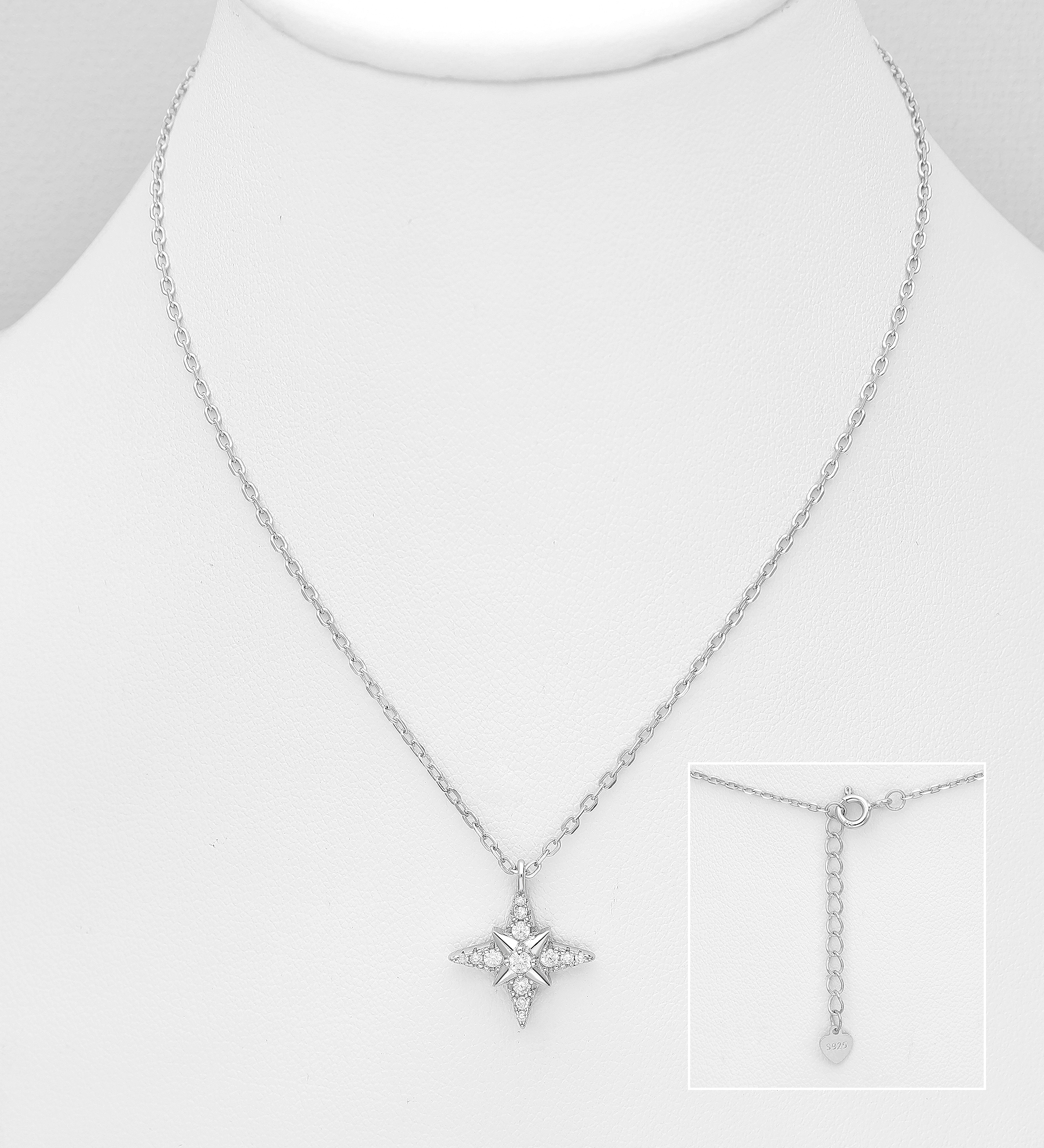 Wholesale 925 Sterling Silver Star Necklace, Decorated with CZ Simulated Diamonds - SKU #701-33634