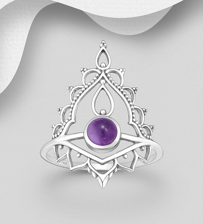 Wholesale 925 Sterling Silver Oxidized Lotus Ring, Decorated with Gemstones - SKU #883-10091