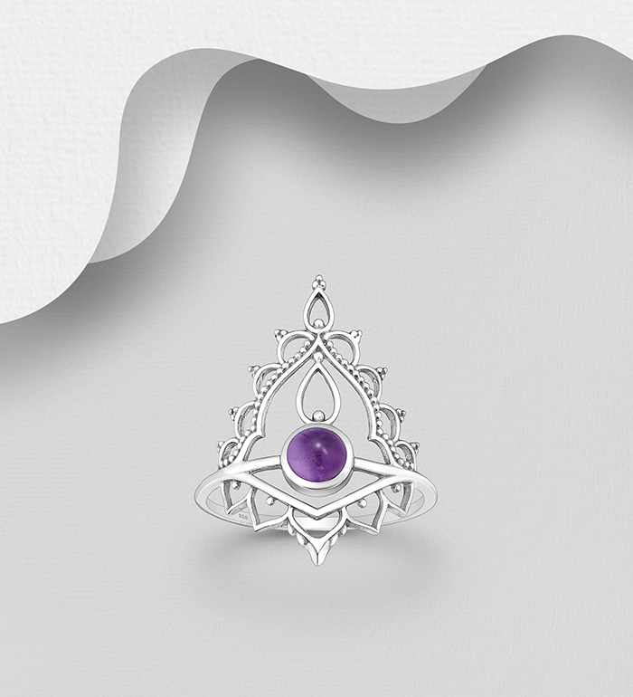 Wholesale 925 Sterling Silver Oxidized Lotus Ring, Decorated with Gemstones - SKU #883-10091