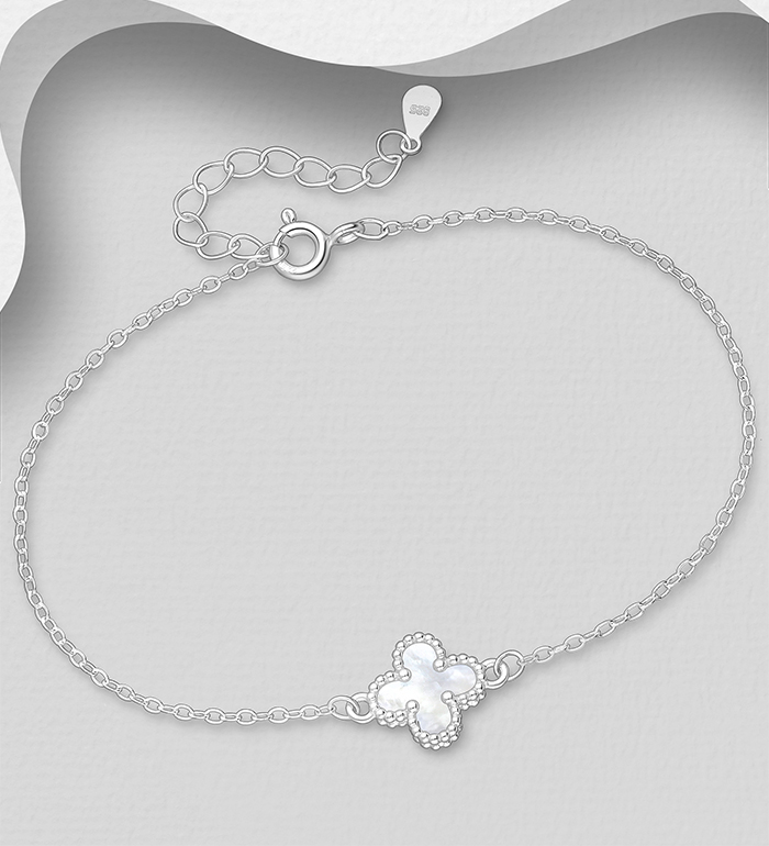 Wholesale 925 Sterling Silver Clover Bracelet, Decorated with Shell - SKU #789-4939