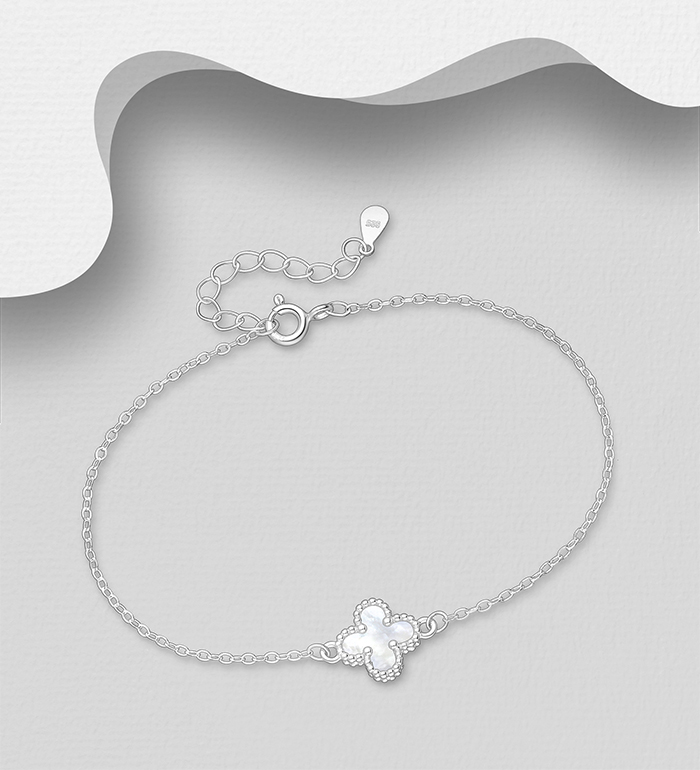 Wholesale 925 Sterling Silver Clover Bracelet, Decorated with Shell - SKU #789-4939