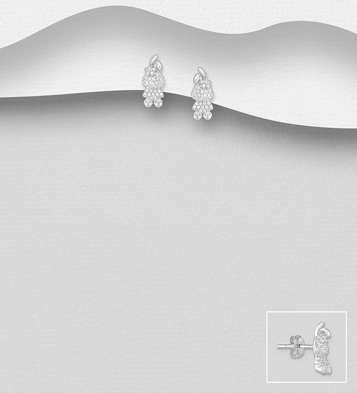 Wholesale 925 Sterling Silver Rabbit Push-Back Earrings, Decorated with CZ Simulated Diamonds - SKU #701-33666