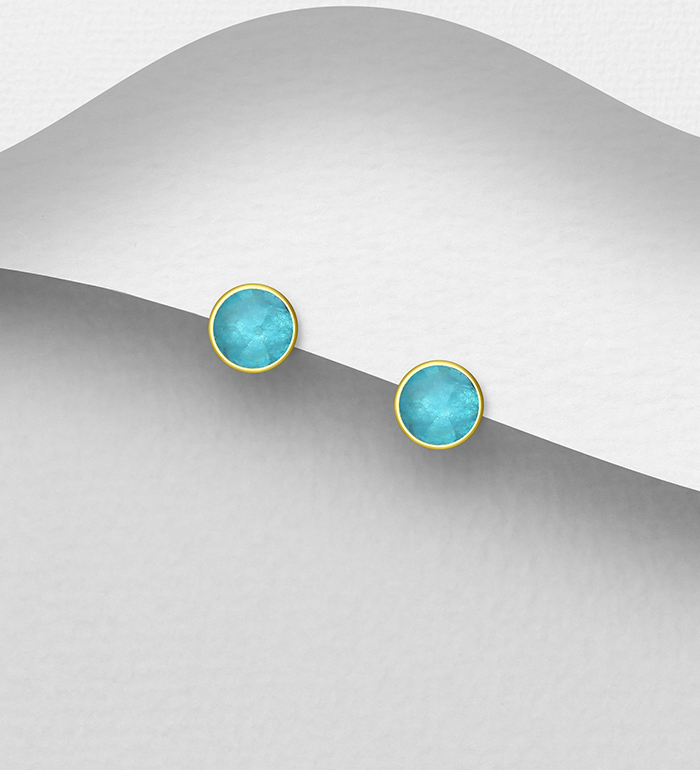 Wholesale 925 Sterling Silver Push-Back Earrings, Decorated with Various Gemstones and Plated with 0.3 Micron 18K Yellow Gold - SKU #781-7705G