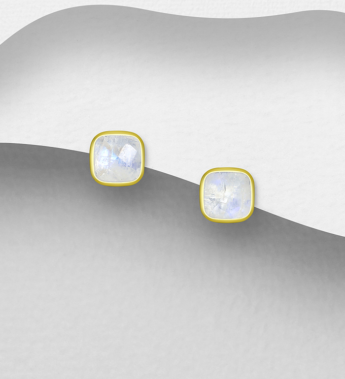 Wholesale 925 Sterling Silver Push-Back Earrings, Decorated with Various Gemstones and Plated with 0.3 Micron 18K Yellow Gold - SKU #781-7760G