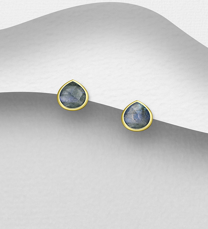 Wholesale 925 Sterling Silver Push-Back Earrings, Decorated with Various Gemstones and Plated with 0.3 Micron 18K Yellow Gold - SKU #781-7703G