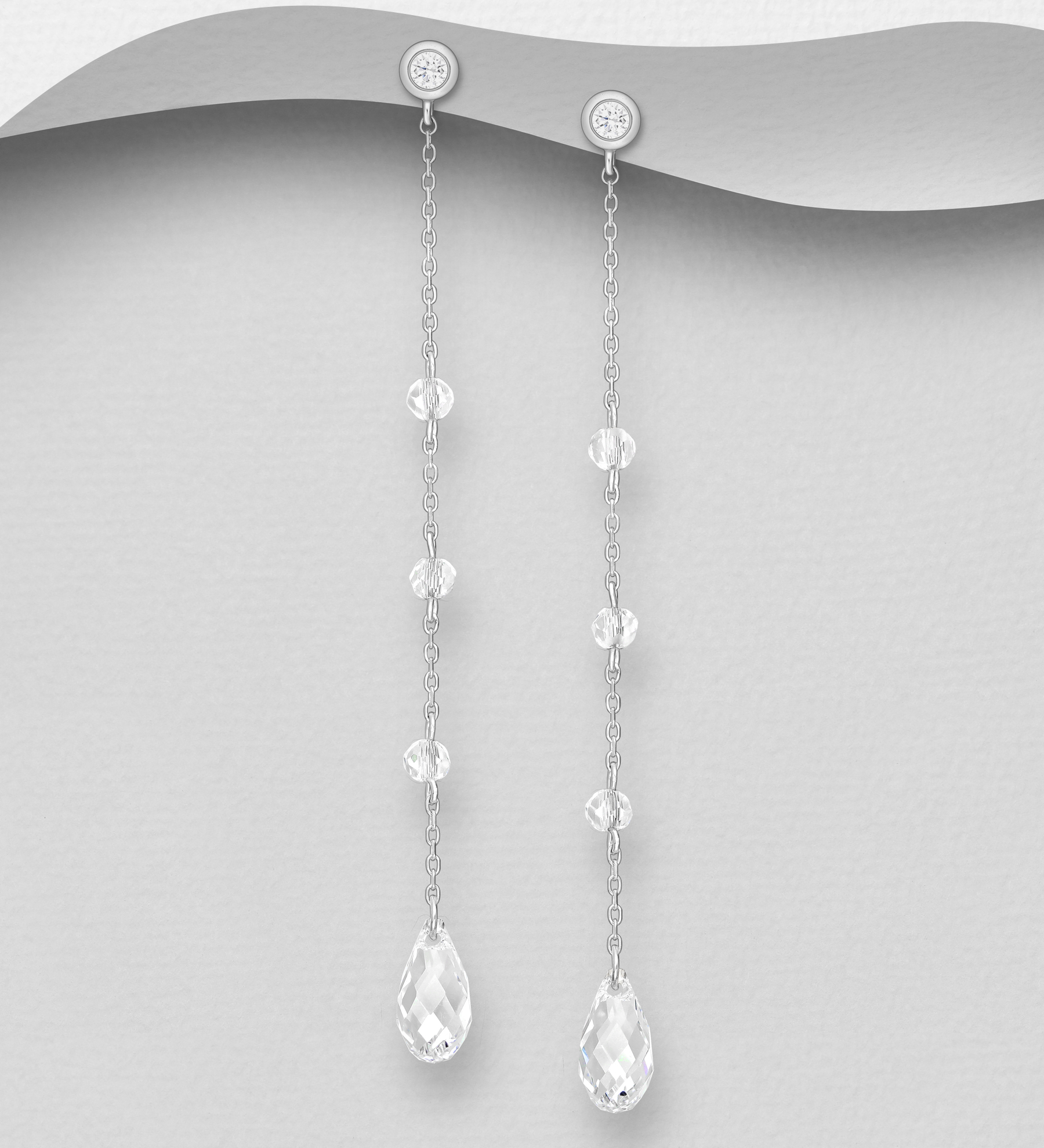 Wholesale 925 Sterling Silver Chain Push-Back Earrings, Decorated with CZ Simulated Diamonds and Crystal Glass - SKU #701-33682