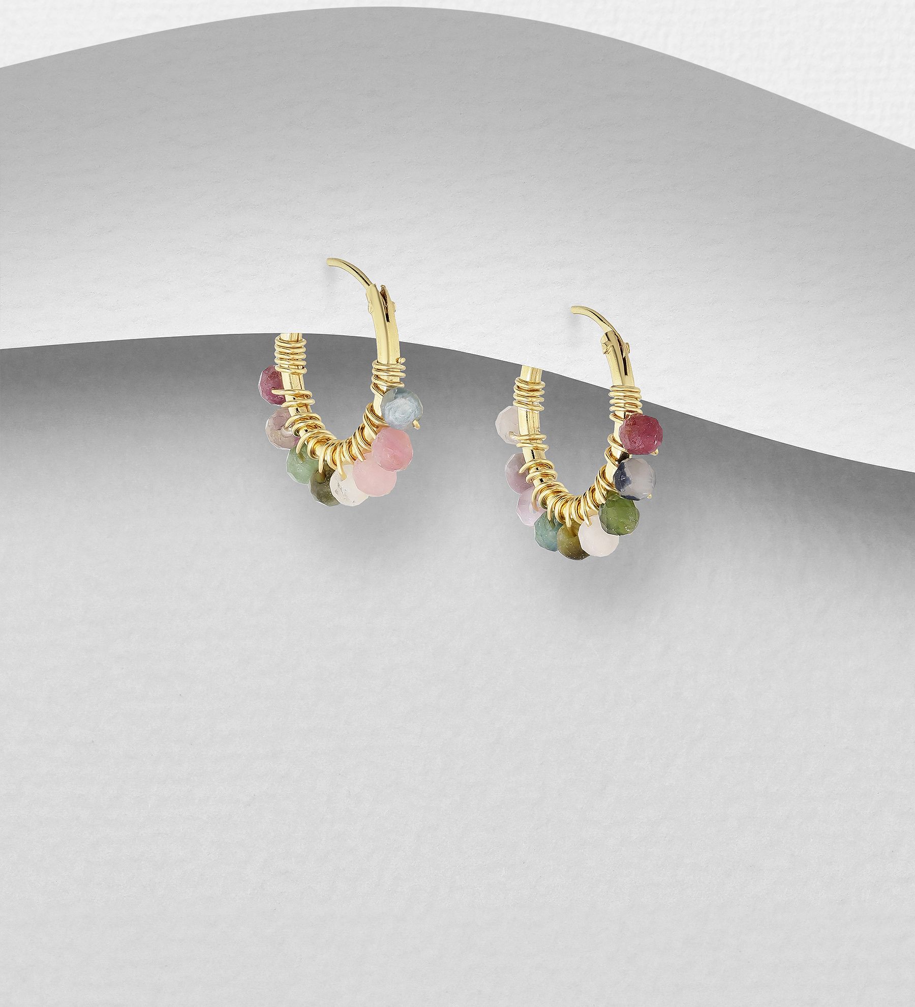 Wholesale 925 Sterling Silver Hoop Earrings, Beaded with Various Gemstone Beads - SKU #781-7233G