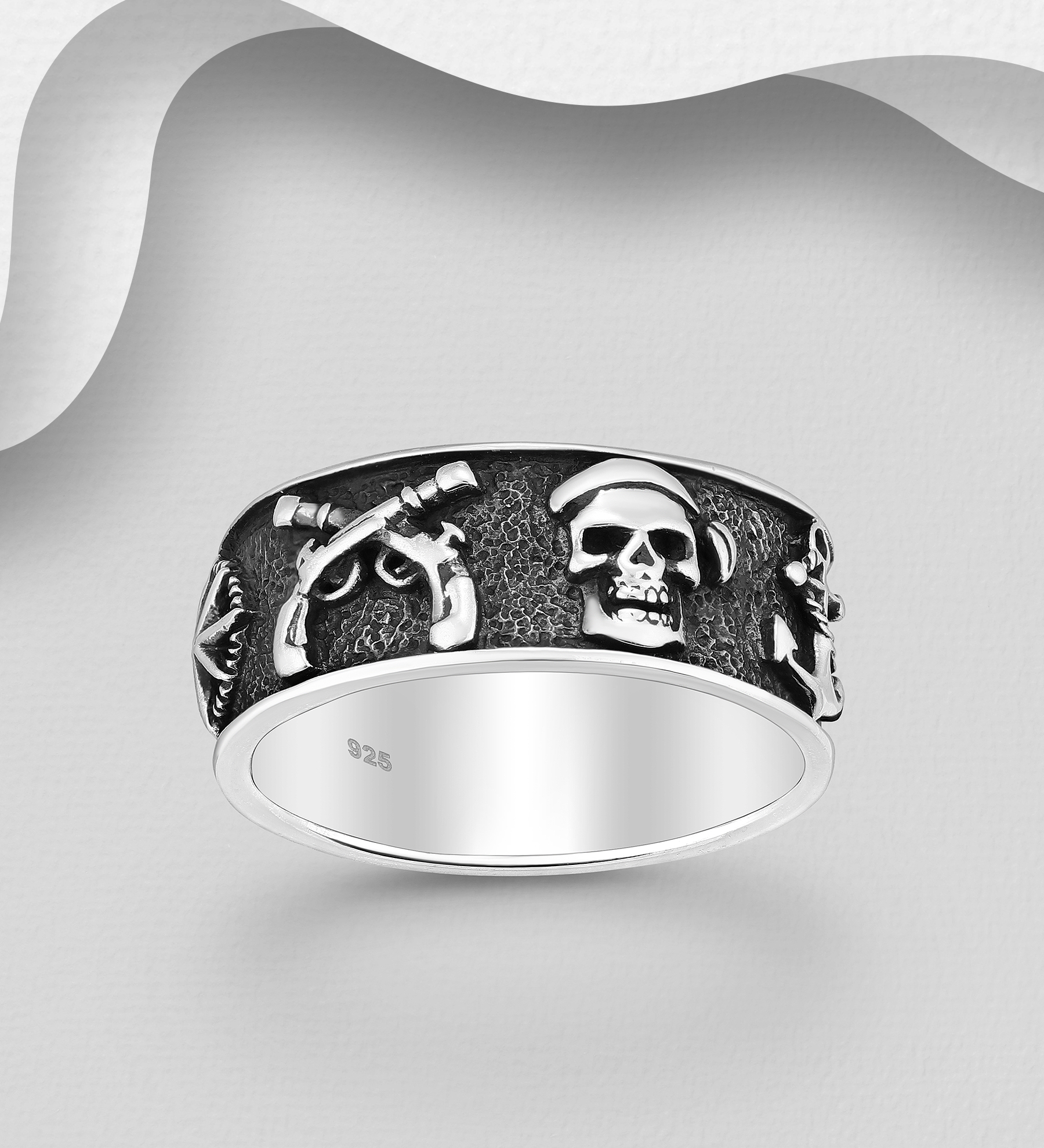Wholesale 925 Sterling Silver Oxidized Skull, Gun,  Anchor, Ship Wheel and Sword Ring - SKU #768-653