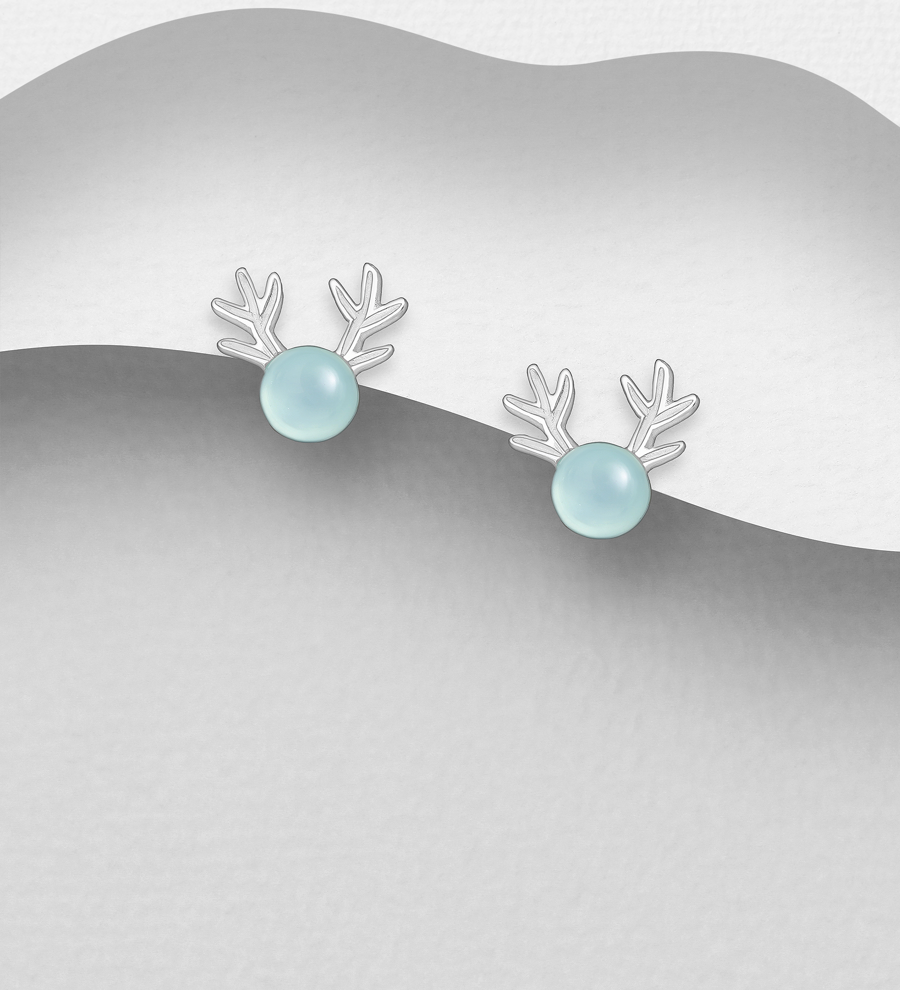 Wholesale 925 Sterling Silver Deer Push-Back Earrings, Decorated with Aqua Chalcedony - SKU #883-10104