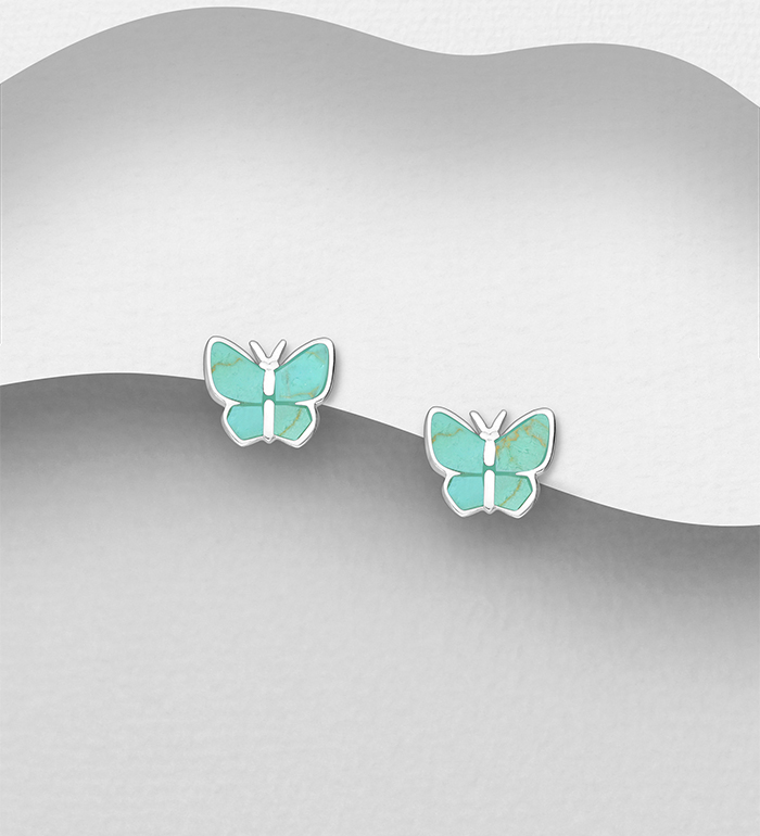 Wholesale 925 Sterling Silver Butterfly Push-Back Earrings, Decorated with Resin - SKU #2140-754