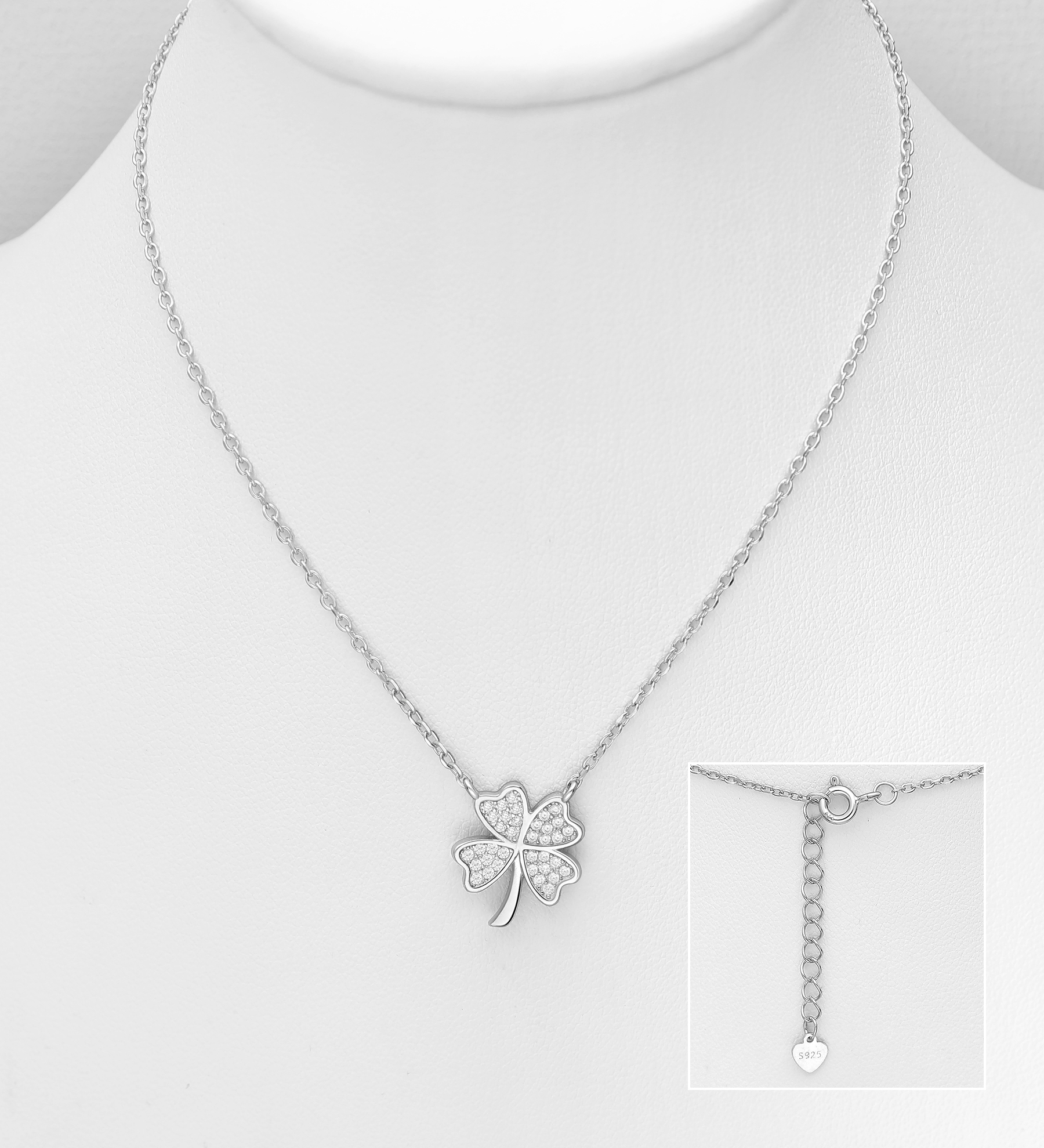 Wholesale 925 Sterling Silver Clover Necklace, Decorated with CZ Simulated Diamonds - SKU #701-33708