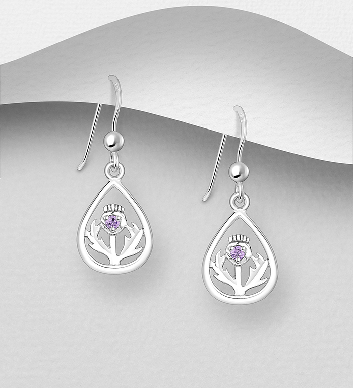 Wholesale 925 Sterling Silver Thistle Hook Earrings, Decorated with CZ Simulated Diamonds - SKU #701-33710