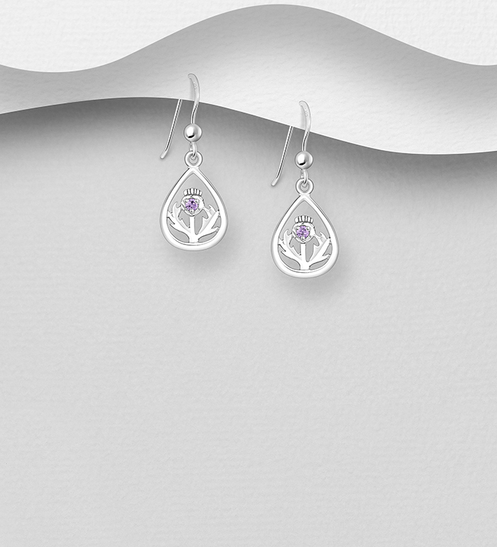 Wholesale 925 Sterling Silver Thistle Hook Earrings, Decorated with CZ Simulated Diamonds - SKU #701-33710