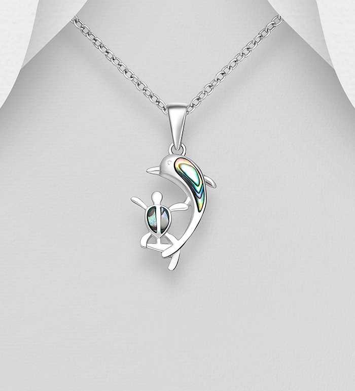 Wholesale 925 Sterling Silver Dolphin and Turtle Pendant, Decorated with Shell - SKU #789-4951