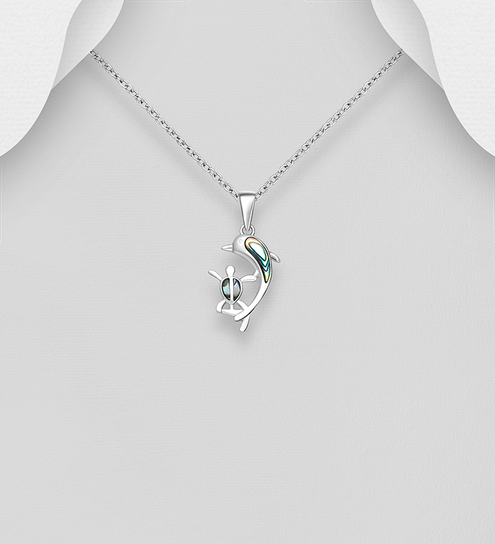 Wholesale 925 Sterling Silver Dolphin and Turtle Pendant, Decorated with Shell - SKU #789-4951