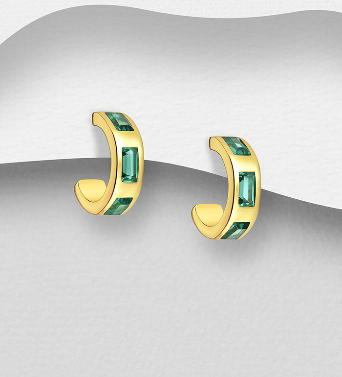 Desire by 7K - Wholesale 925 Sterling Silver Push-Back Earrings, Decorated with Lab-Created Green Tourmaline and Plated with 0.3 Micron 18K Yellow Gold - SKU #2070-585B