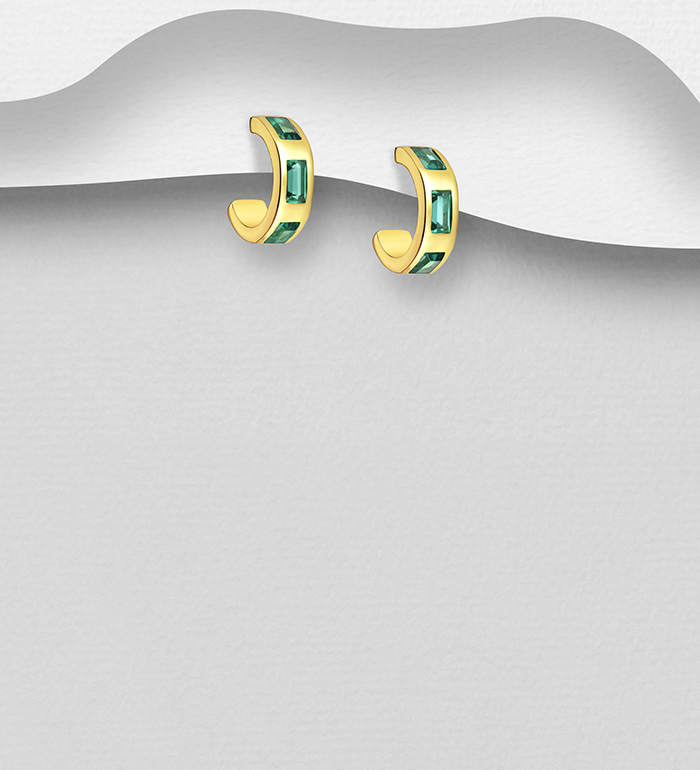Desire by 7K - Wholesale 925 Sterling Silver Push-Back Earrings, Decorated with Lab-Created Green Tourmaline and Plated with 0.3 Micron 18K Yellow Gold - SKU #2070-585B