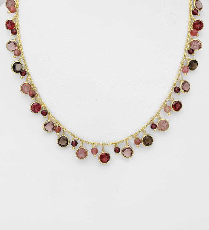 Desire by 7K - Wholesale 925 Sterling Silver Necklace, Decorated with Garnet, Rhodonite, Smoky Quartz, Strawberry Quartz, and plated with 0.3 Micron 18K Yellow Gold - SKU #2070-589