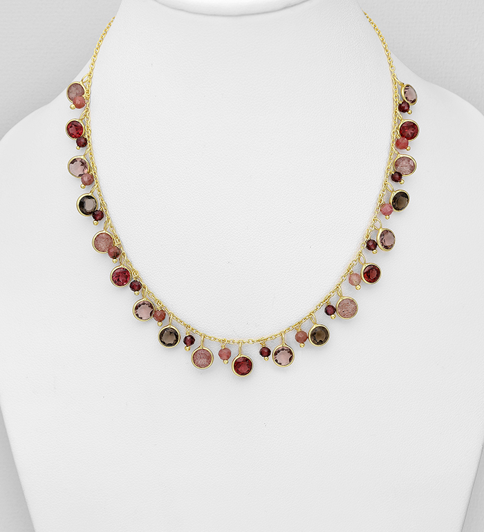 Desire by 7K - Wholesale 925 Sterling Silver Necklace, Decorated with Garnet, Rhodonite, Smoky Quartz, Strawberry Quartz, and plated with 0.3 Micron 18K Yellow Gold - SKU #2070-589
