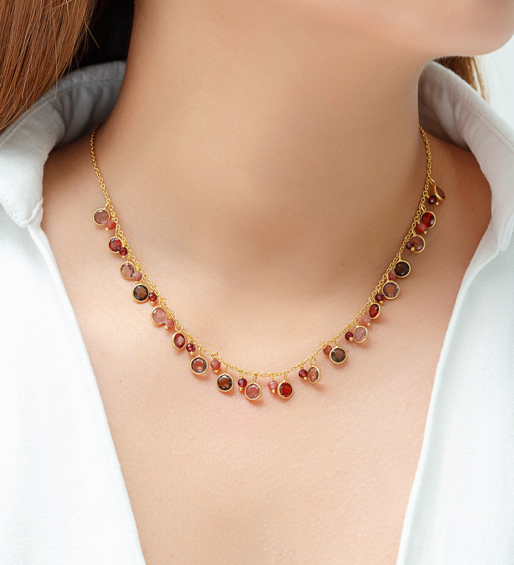Desire by 7K - Wholesale 925 Sterling Silver Necklace, Decorated with Garnet, Rhodonite, Smoky Quartz, Strawberry Quartz, and plated with 0.3 Micron 18K Yellow Gold - SKU #2070-589