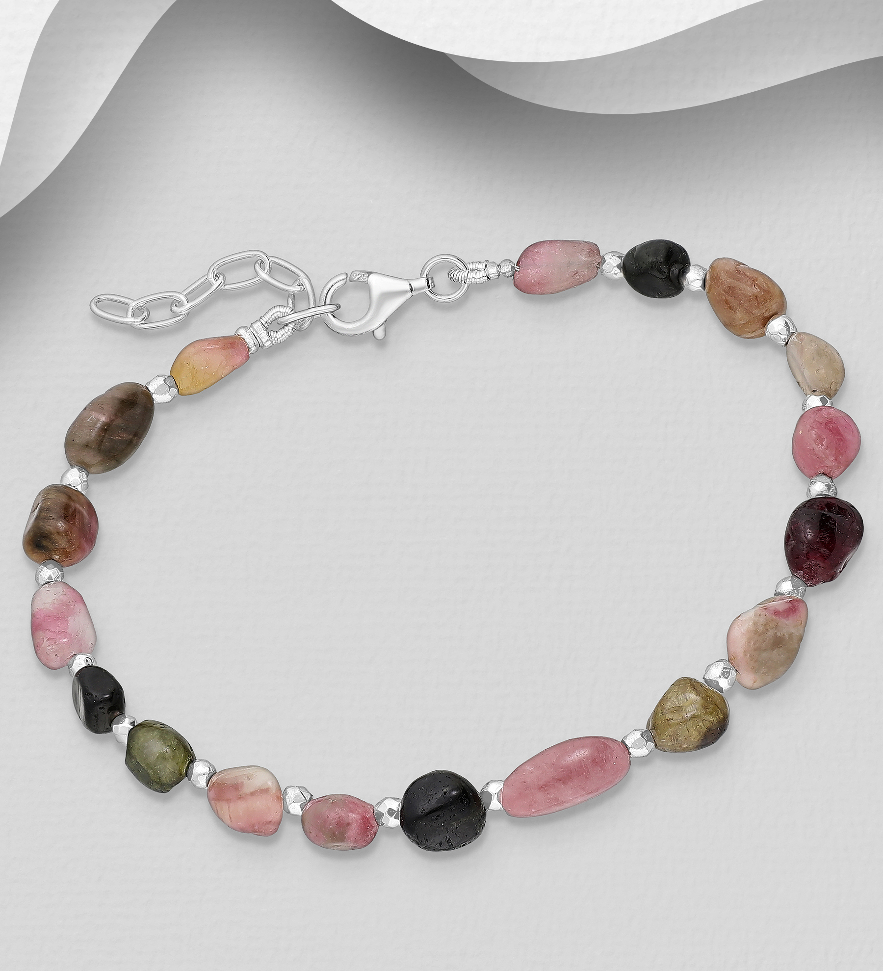 Wholesale 925 Sterling Silver Bracelet, Beaded with Various Gemstone Beads, Shape and Size Will Vary. - SKU #883-10116