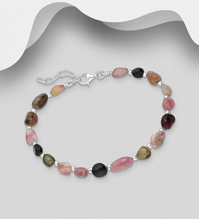 Wholesale 925 Sterling Silver Bracelet, Beaded with Various Gemstone Beads, Shape and Size Will Vary. - SKU #883-10116