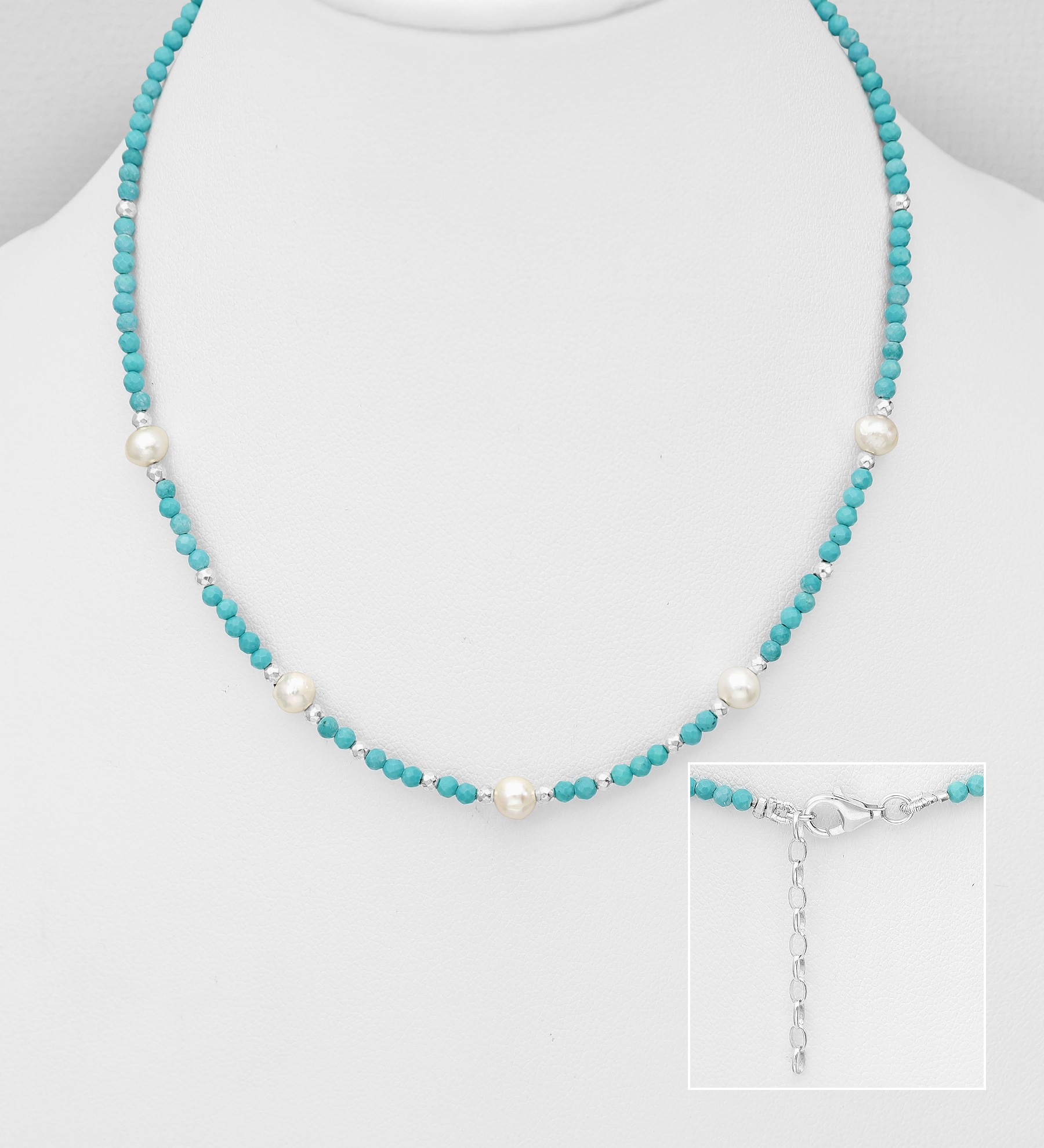 Wholesale 925 Sterling Silver Necklace, Beaded with Reconstructed Turquoise and Freshwater Pearls - SKU #2140-760
