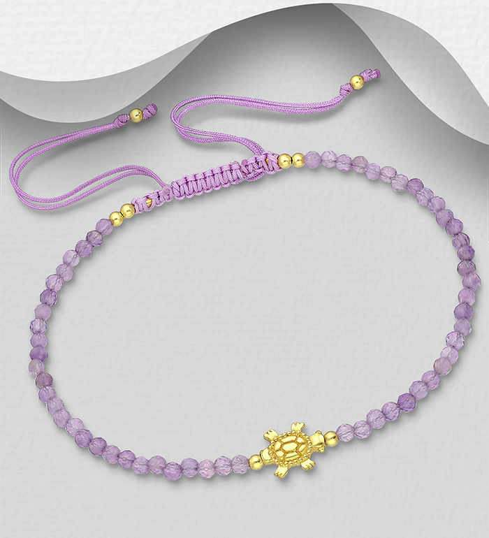 Wholesale 925 Sterling Silver Turtle Adjustable Bracelet, Beaded with Various Gemstone Beads and Plated with 0.3 Micron 18K Yellow Gold - SKU #1535-1608