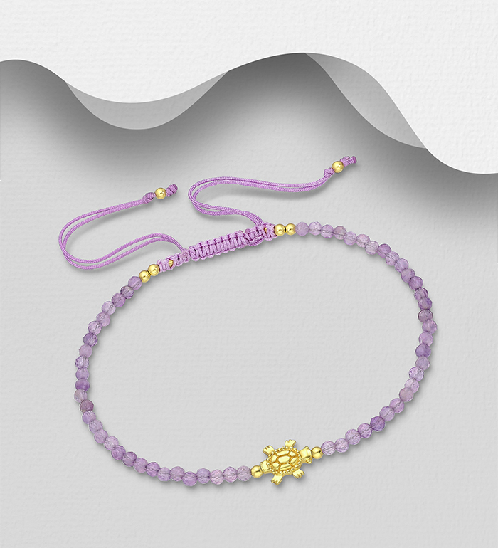 Wholesale 925 Sterling Silver Turtle Adjustable Bracelet, Beaded with Various Gemstone Beads and Plated with 0.3 Micron 18K Yellow Gold - SKU #1535-1608