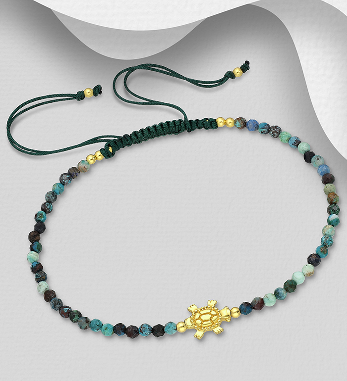 Wholesale 925 Sterling Silver Turtle Adjustable Bracelet, Beaded with Various Gemstone Beads and Plated with 0.3 Micron 18K Yellow Gold - SKU #1535-1608A