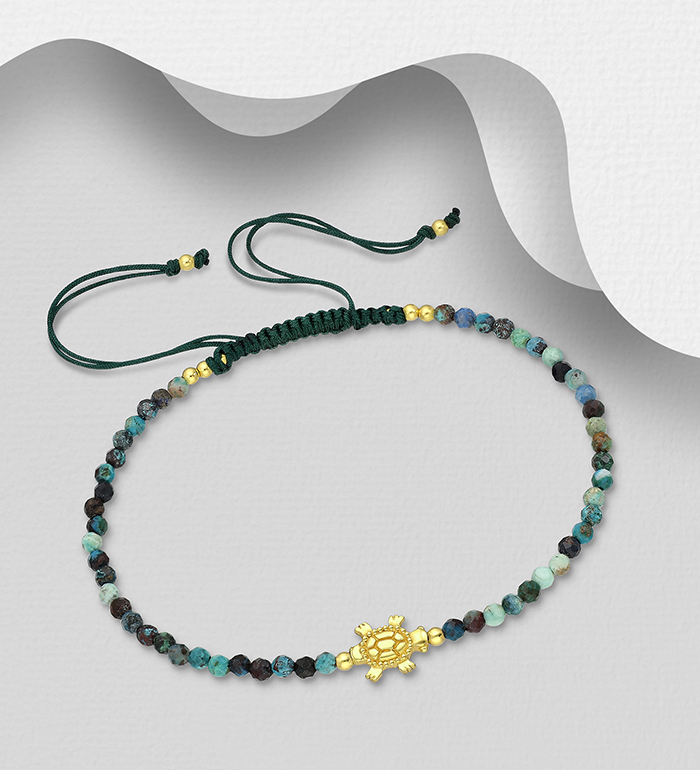 Wholesale 925 Sterling Silver Turtle Adjustable Bracelet, Beaded with Various Gemstone Beads and Plated with 0.3 Micron 18K Yellow Gold - SKU #1535-1608A