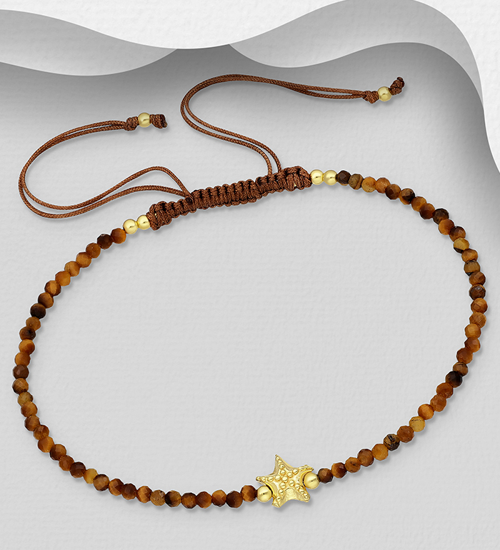 Wholesale 925 Sterling Silver Starfish Adjustable Bracelet, Beaded with Various Gemstone Beads and Plated with 0.3 Micron 18K Yellow Gold - SKU #1535-1609