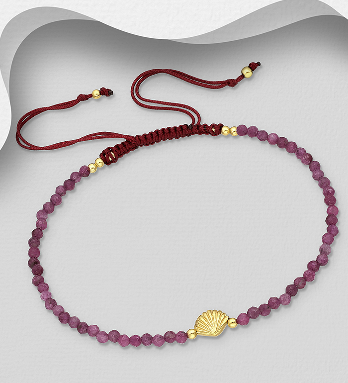 Wholesale 925 Sterling Silver Shell Adjustable Bracelet, Beaded with Various Gemstone Beads and Plated with 0.3 Micron 18K Yellow Gold - SKU #1535-1610A