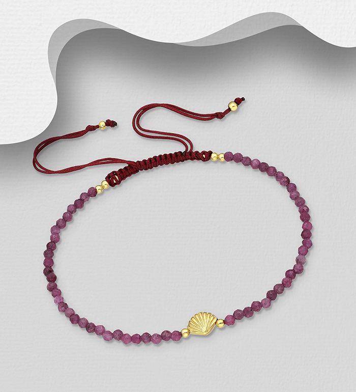 Wholesale 925 Sterling Silver Shell Adjustable Bracelet, Beaded with Various Gemstone Beads and Plated with 0.3 Micron 18K Yellow Gold - SKU #1535-1610A