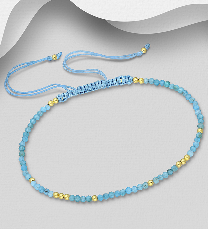 Wholesale 925 Sterling Silver Adjustable Bracelet, Beaded with Various Gemstone Beads and Plated with 0.3 Micron 18K Yellow Gold - SKU #1535-1611