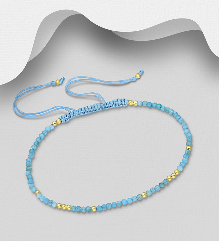 Wholesale 925 Sterling Silver Adjustable Bracelet, Beaded with Various Gemstone Beads and Plated with 0.3 Micron 18K Yellow Gold - SKU #1535-1611