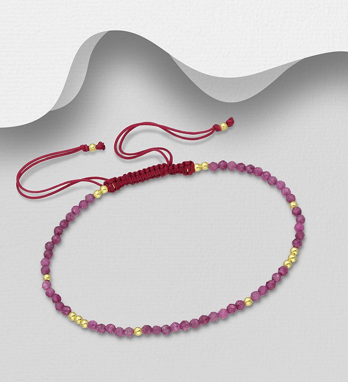 Wholesale 925 Sterling Silver Adjustable Bracelet, Beaded with Various Gemstone Beads and Plated with 0.3 Micron 18K Yellow Gold - SKU #1535-1611A