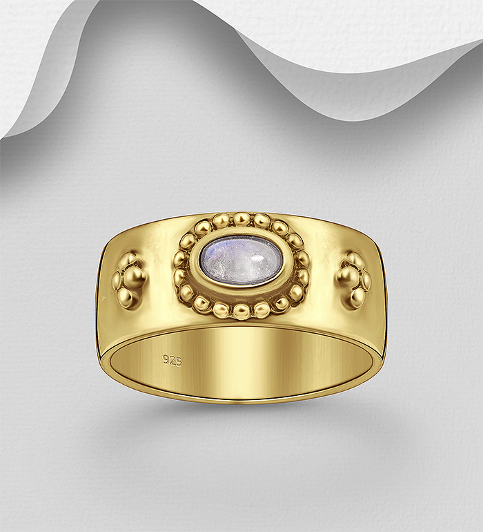 Wholesale 925 Sterling Silver Ring, Decorated with Rainbow Moonstone and Plated with 2.5 Micron 18K Yellow Gold - SKU #781-7685G