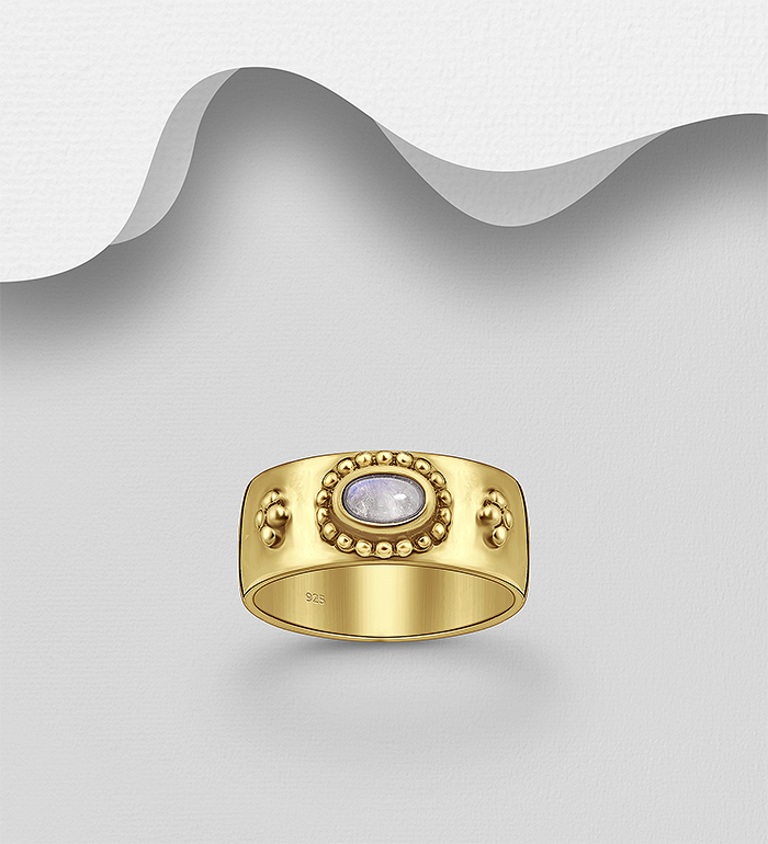 Wholesale 925 Sterling Silver Ring, Decorated with Rainbow Moonstone and Plated with 2.5 Micron 18K Yellow Gold - SKU #781-7685G