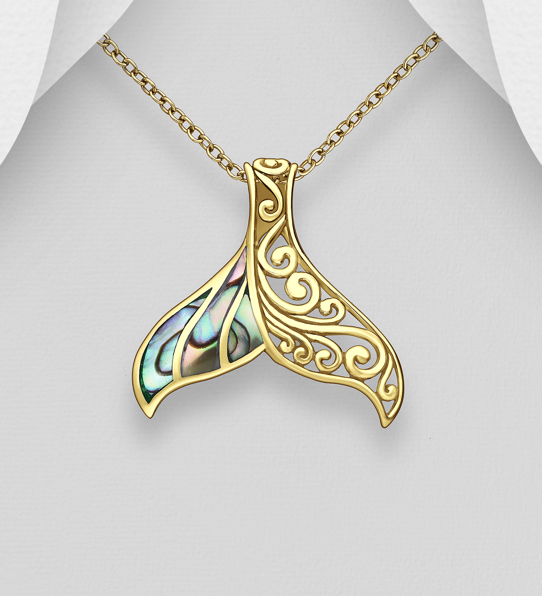 Wholesale 925 Sterling Silver Swirl Whale Tail Pendant, Decorated with Shell and Plated with 2.5 Micron 18K Yellow Gold - SKU #789-4852G