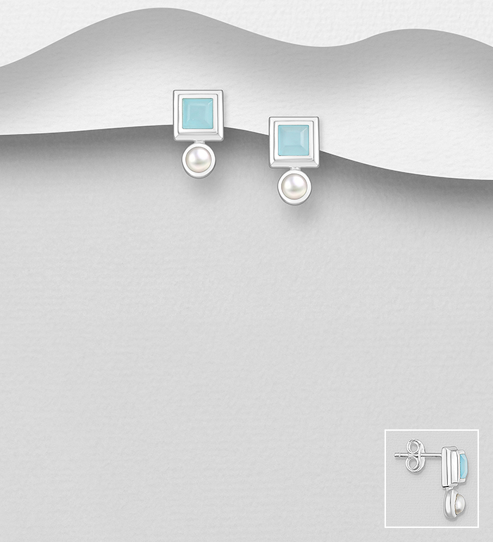 Wholesale 925 Sterling Silver Push-Back Earrings, Decorated with Freshwater Pearls and Various Gemstones - SKU #883-10128