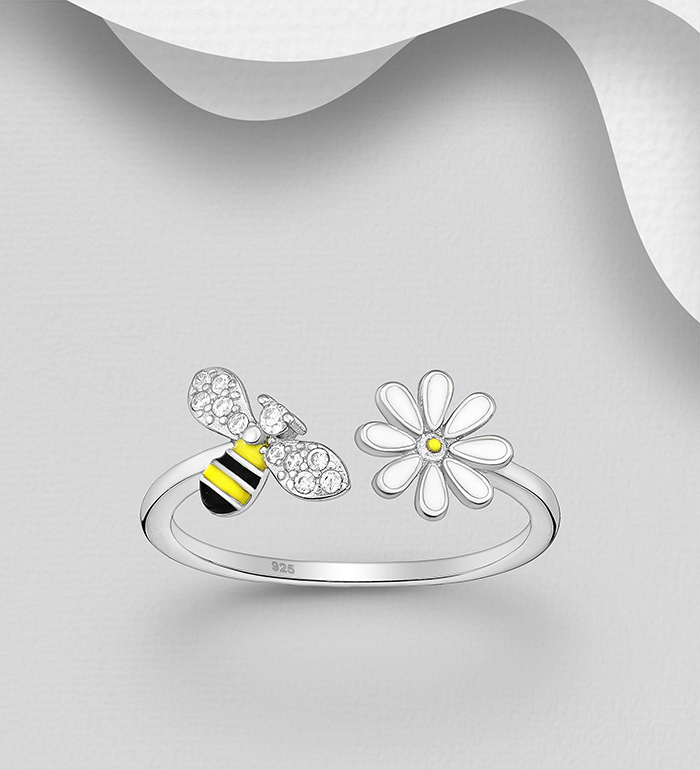 Wholesale 925 Sterling Silver Bee and Flower Ring, Decorated with CZ Simulated Diamonds and Colored Enamel - SKU #701-33731